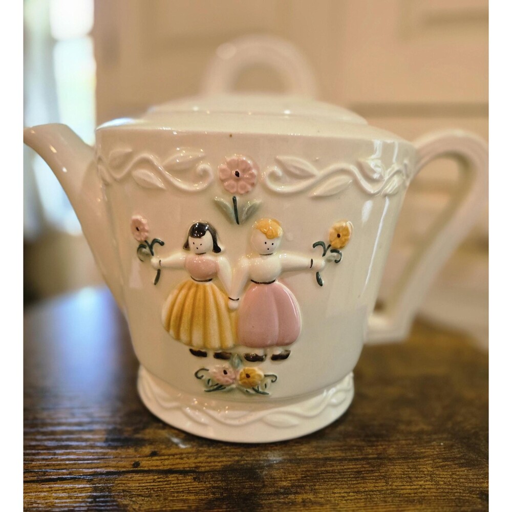 Vintage porcelier vitreous  china teapot, Dutch children with‎ flowers